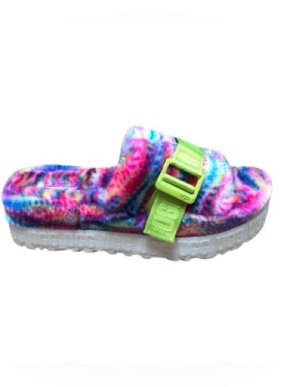 UGG Rainbow Fuzzy Slide with Neon Yellow-Green Strap